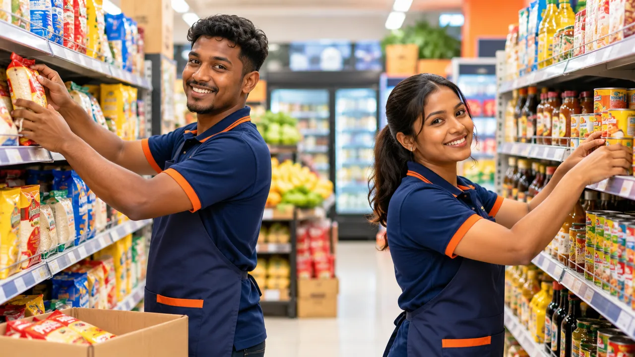 Employés qui remplissent les rayons d'un supermarché