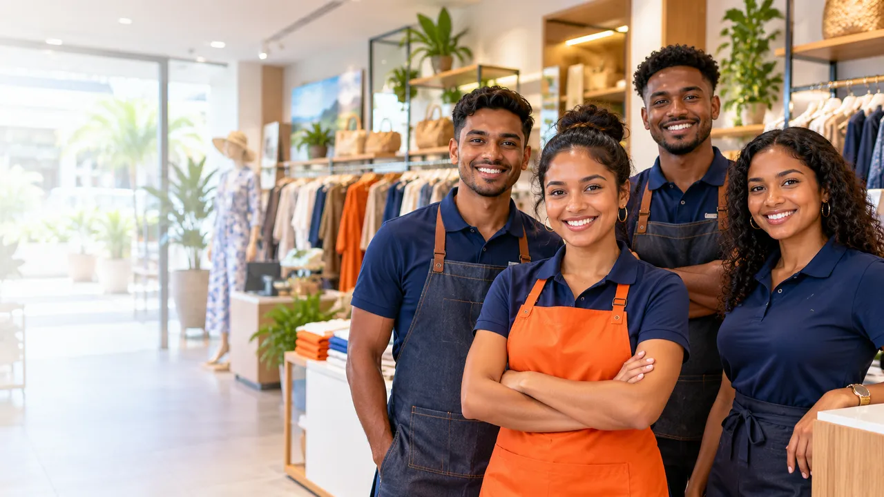Équipe de vendeurs souriants dans une boutique à Maurice